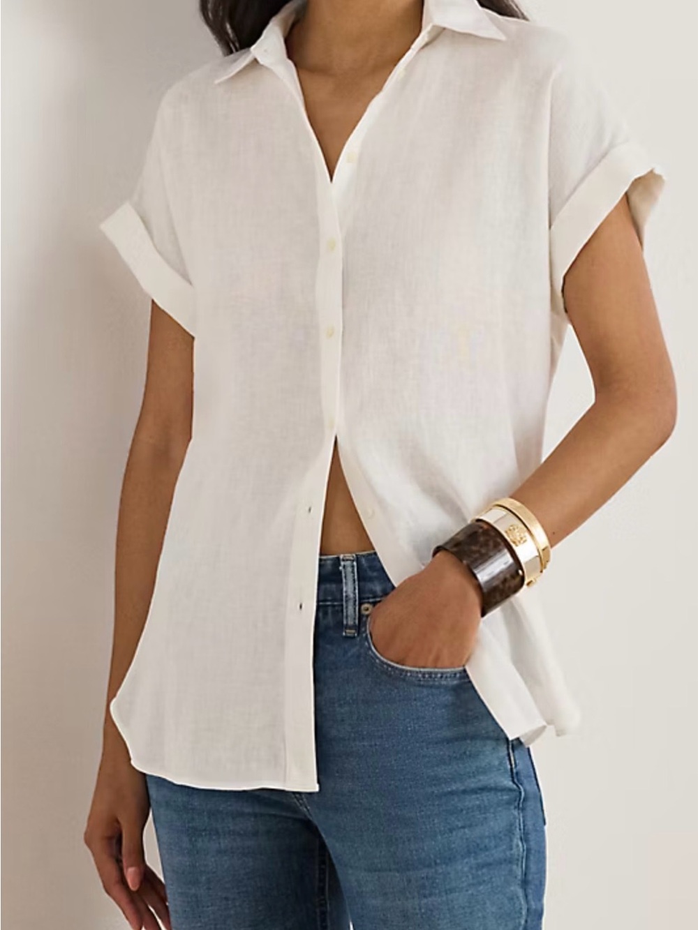 100% Linen Relaxed White Short-Sleeve Button Down Shirt - Women
